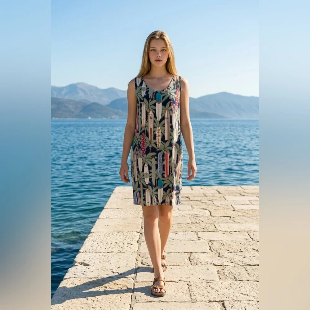 reyn spooner Navy Tropical Surfboard Print Mini Dress size L - Picture 2 of 11